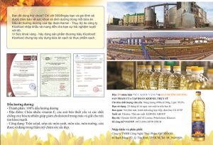 Mặt sau của mẫu tờ rơi quảng cáo dầu ăn Kico in hình ảnh sản phẩm, nhà máy sản xuất và các mẫu giấy tờ công chứng xác nhận chất lượng dầu ăn đạt tiêu chuẩn ISO, đảm bảo vệ sinh an toàn thực phẩm...