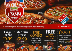 Mẫu tờ rơi quảng cáo các loại pizza với size khác nhau và các combo đặc biệt, miễn phí 3 bánh chocolate 