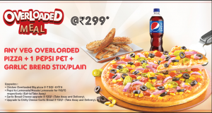 In tờ rơi quảng cáo giá rẻ - mẫu tờ rơi tiếp thị combo mới của nhà hàng Overloaded với Pizza + bánh mỳ nướng bơ tỏi + 1 chai Pepsi 